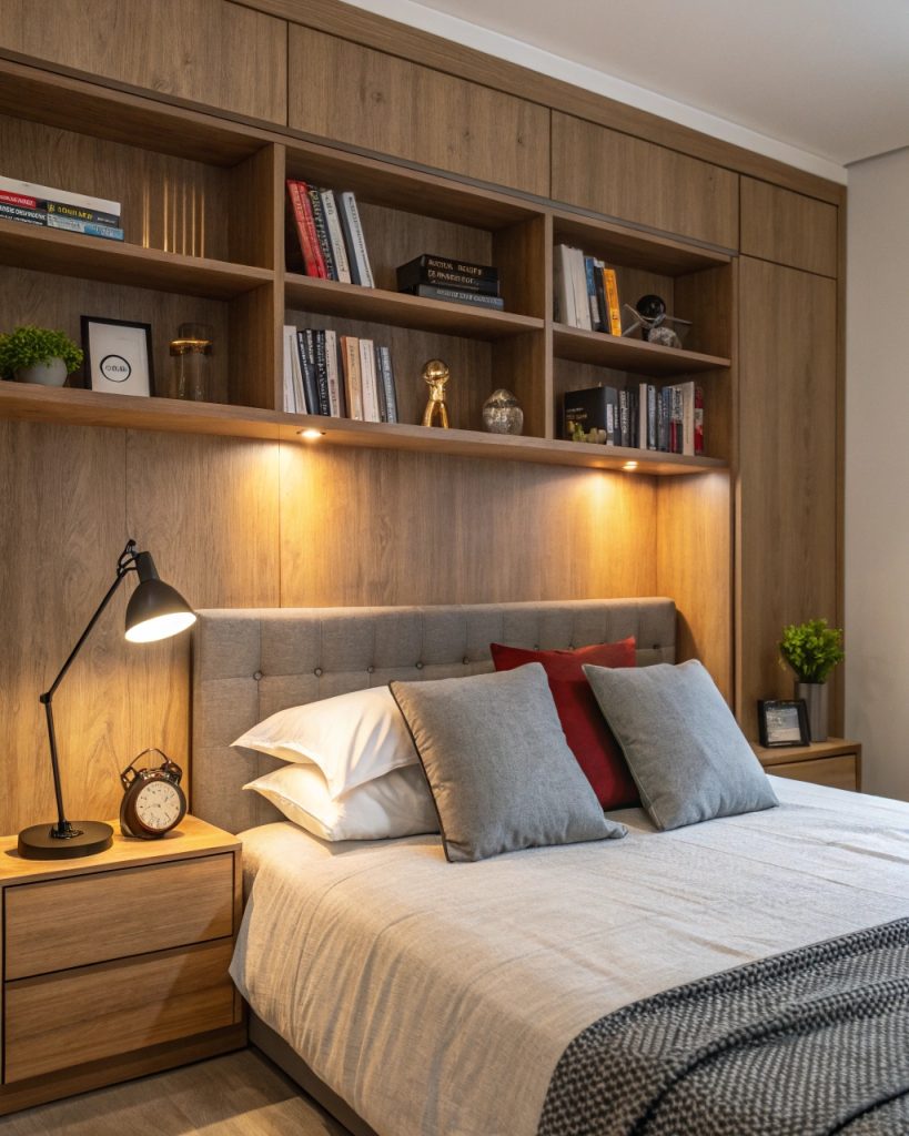 Tête de lit avec étagères intégrées