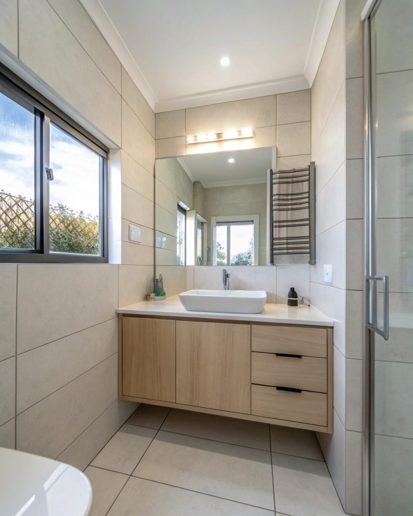 Salle de bain de 4m² avec tons clairs et carreaux grand format.