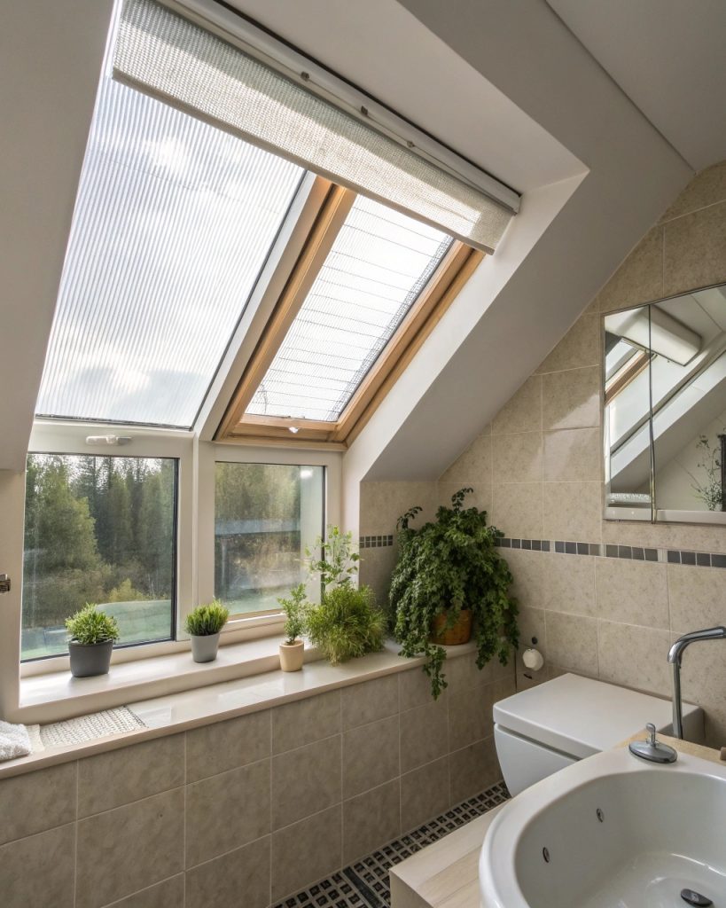 Salle de bain sous pente avec Velux et plantes.