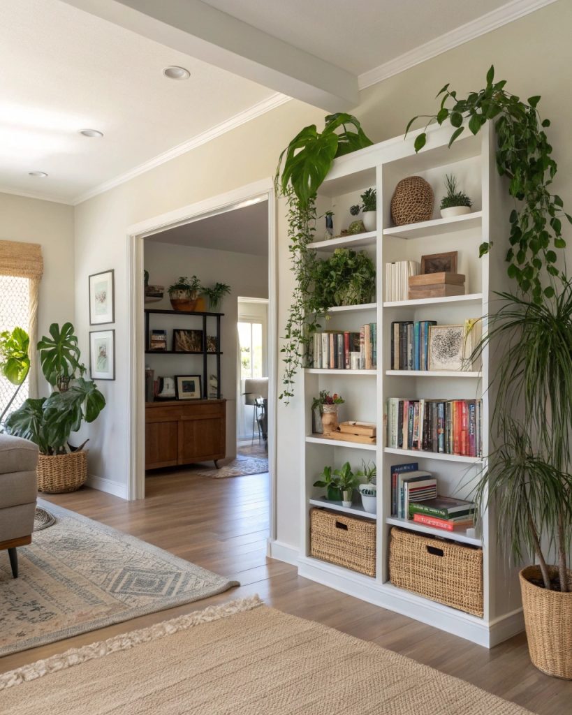 Bibliothèque ajourée avec livres et plantes