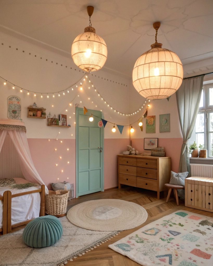 Chambre enfant vintage avec éclairage chaleureux