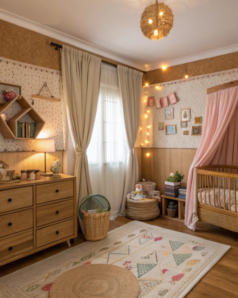 Chambre enfant vintage avec meubles en bois et panneaux en liège