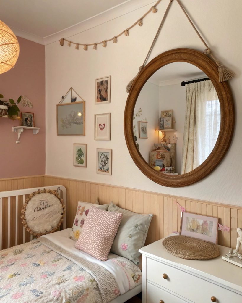 Chambre enfant vintage avec miroir en bois