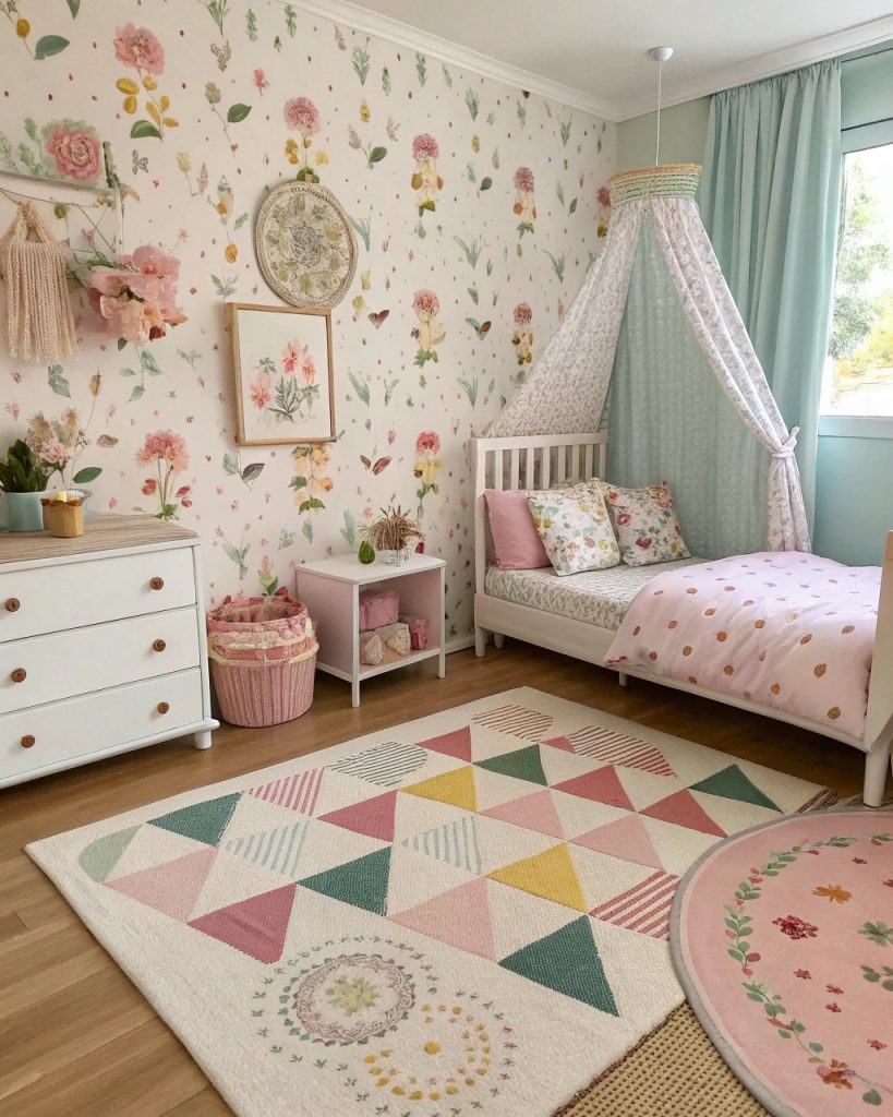 Chambre enfant vintage avec motifs floraux et géométriques