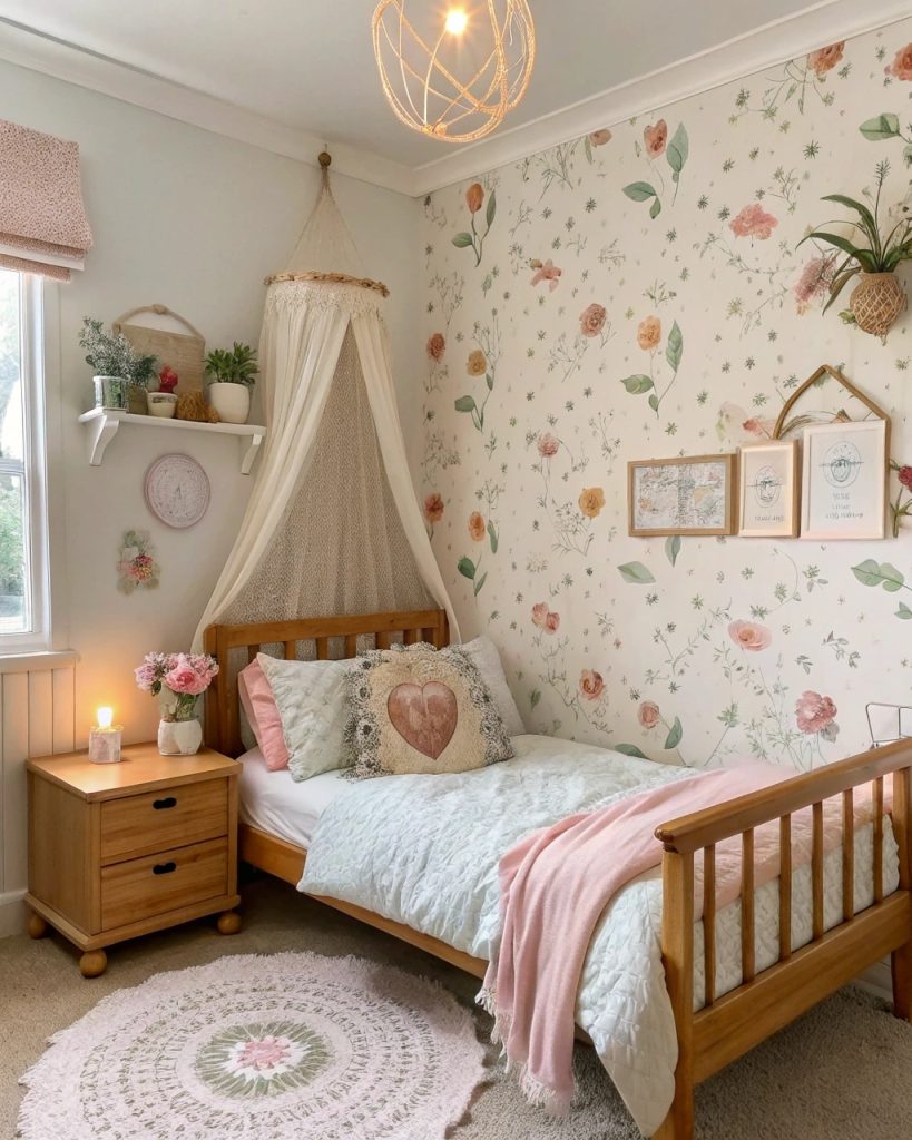Chambre enfant vintage avec papier peint floral