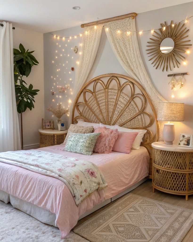 Chambre enfant vintage avec tête de lit en rotin