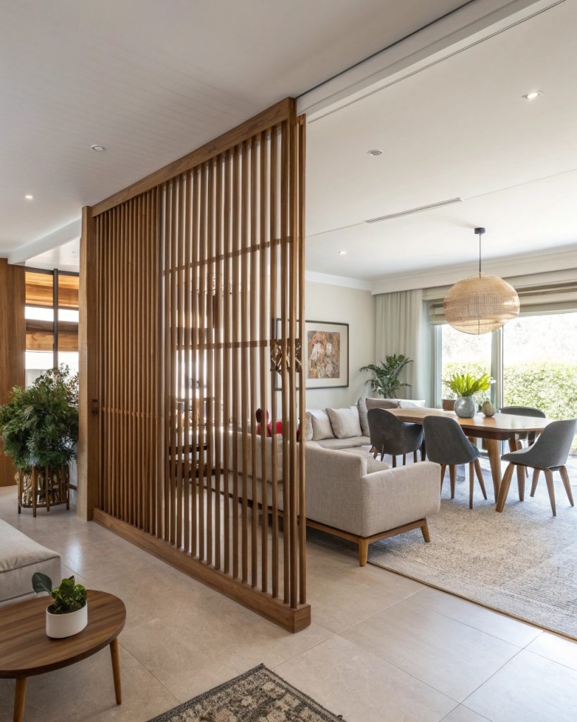 Claustra en bois moderne dans un salon lumineux