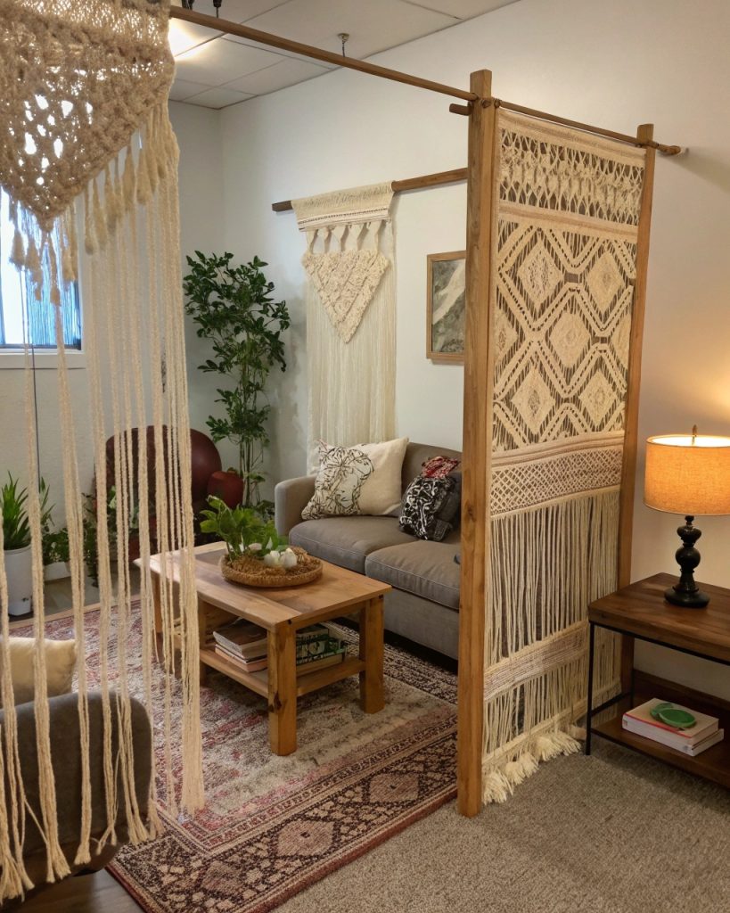 Cloison en macramé dans un salon bohème