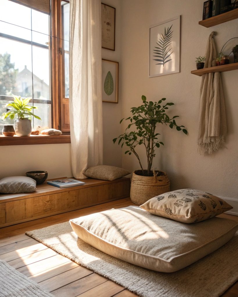 Coin méditation lumineux avec coussin et plante