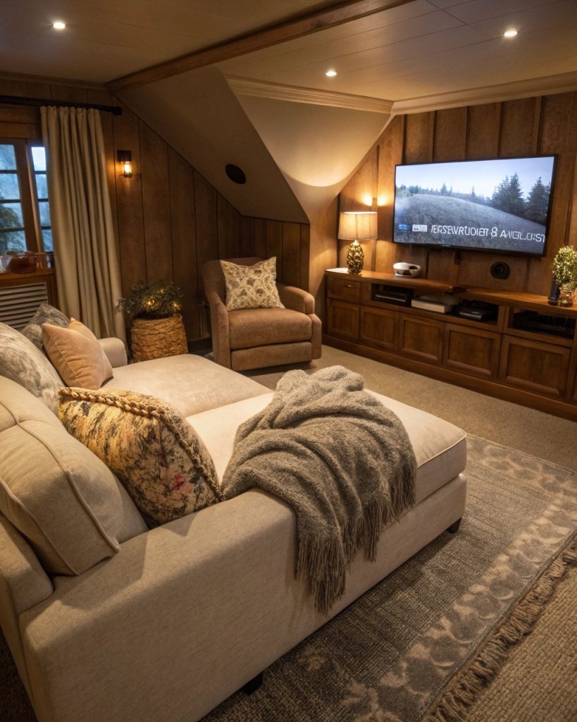 Coin TV confortable avec canapé et coussins moelleux