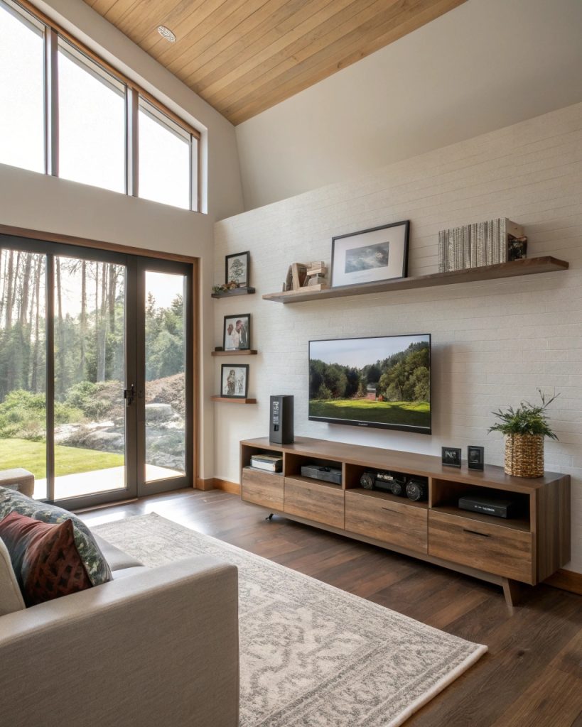 Coin TV moderne avec étagères murales et rangement intégré