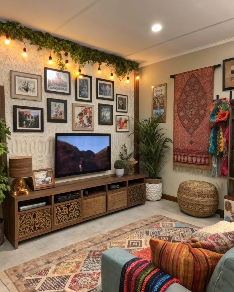 Coin TV personnalisé avec cadres photo et panneaux muraux