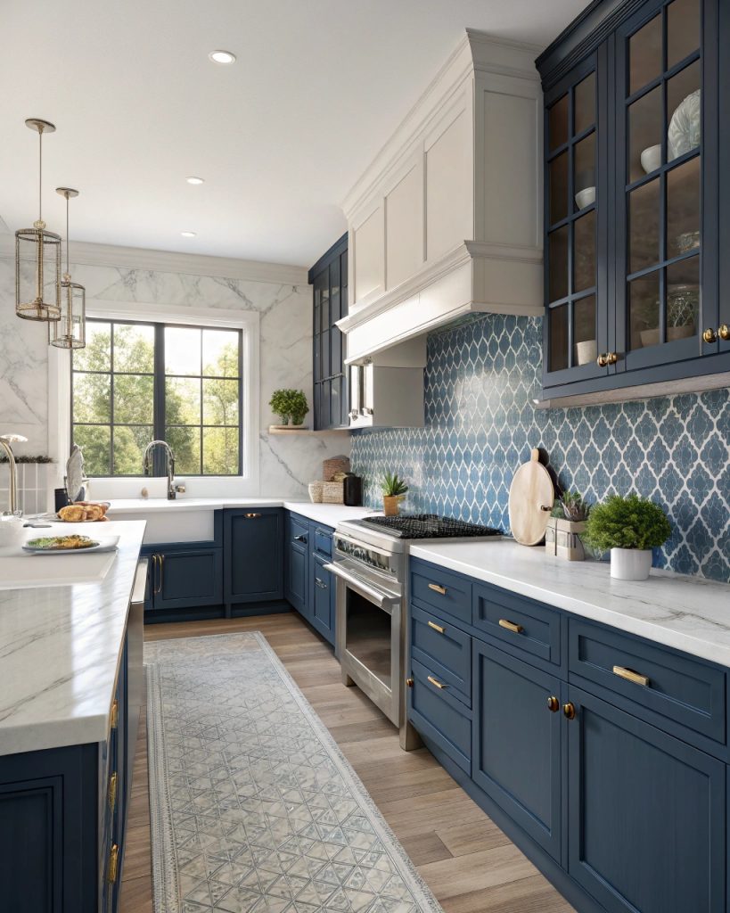 Cuisine moderne bleu et blanc avec crédence en carreaux bleus