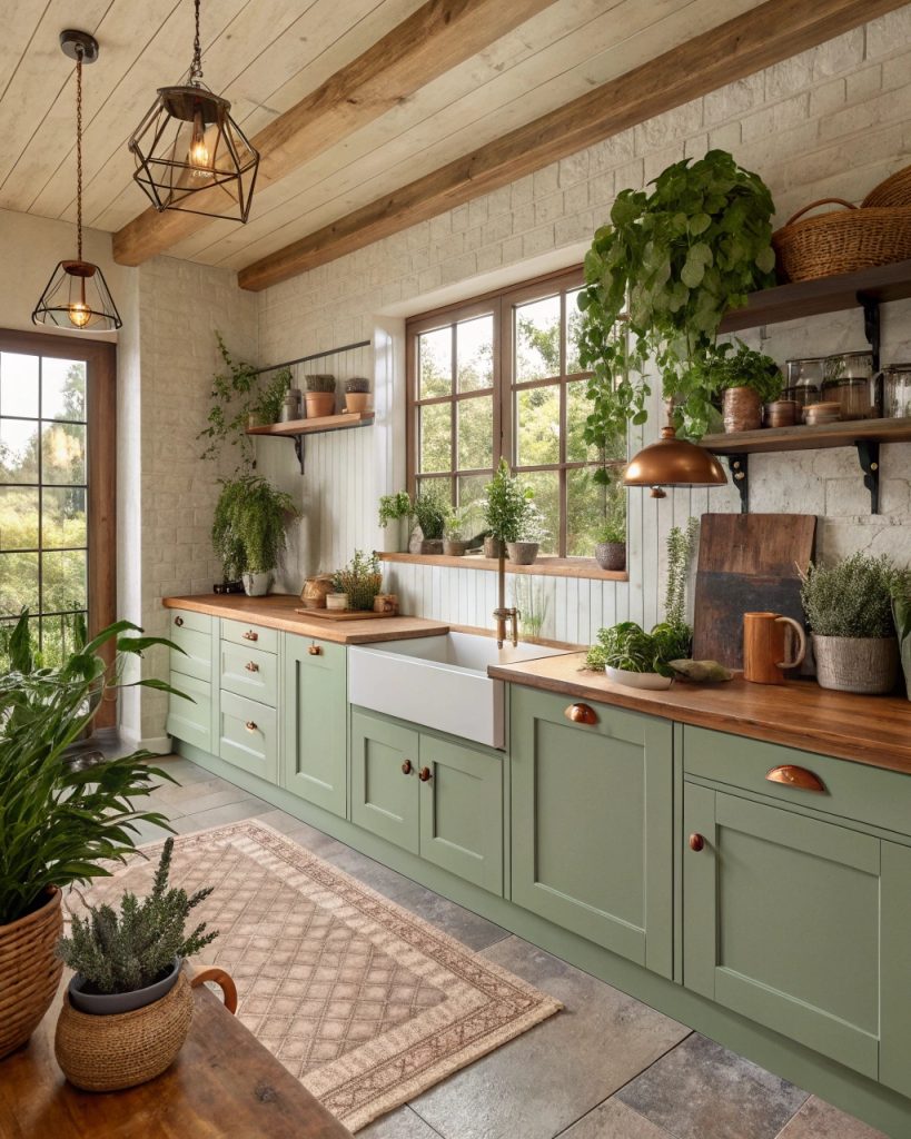 Cuisine verte et boisée avec des plantes et des accessoires en cuivre