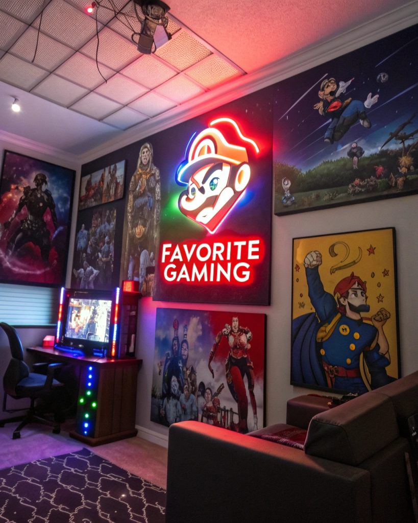 Décoration murale avec posters et enseigne néon