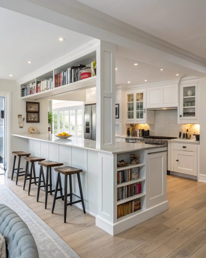 Demi-mur blanc avec étagères entre cuisine et salle à manger