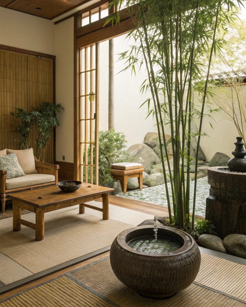 Éléments naturels dans un salon Feng Shui