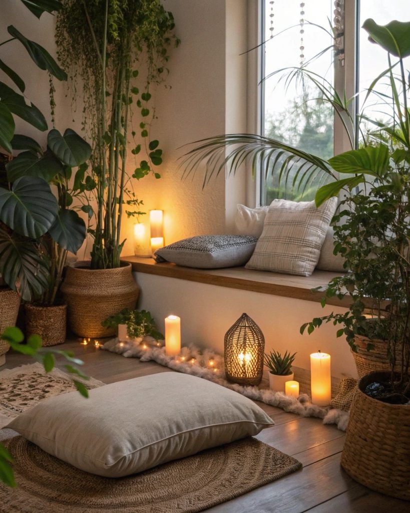 Espace de méditation dans un salon Feng Shui