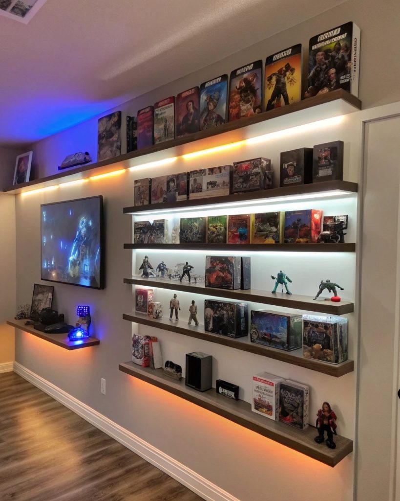 Étagères murales avec collection de jeux et accessoires