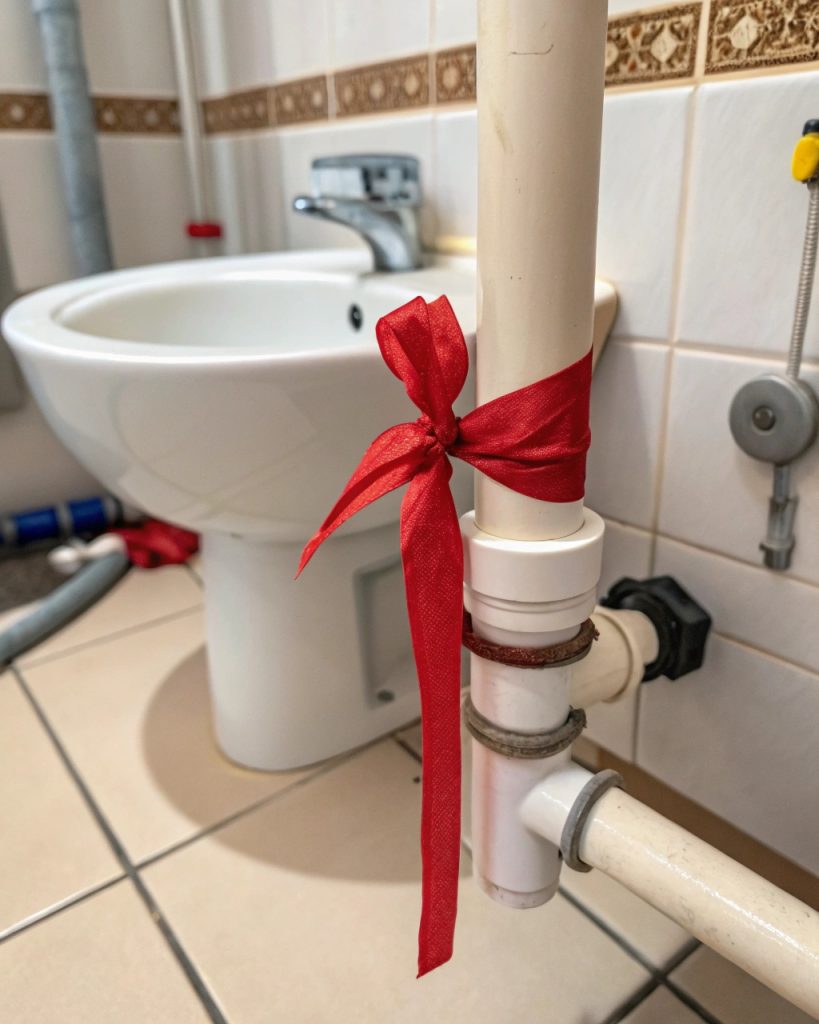 Petite salle de bain avec un miroir et un ruban rouge, style Feng Shui.