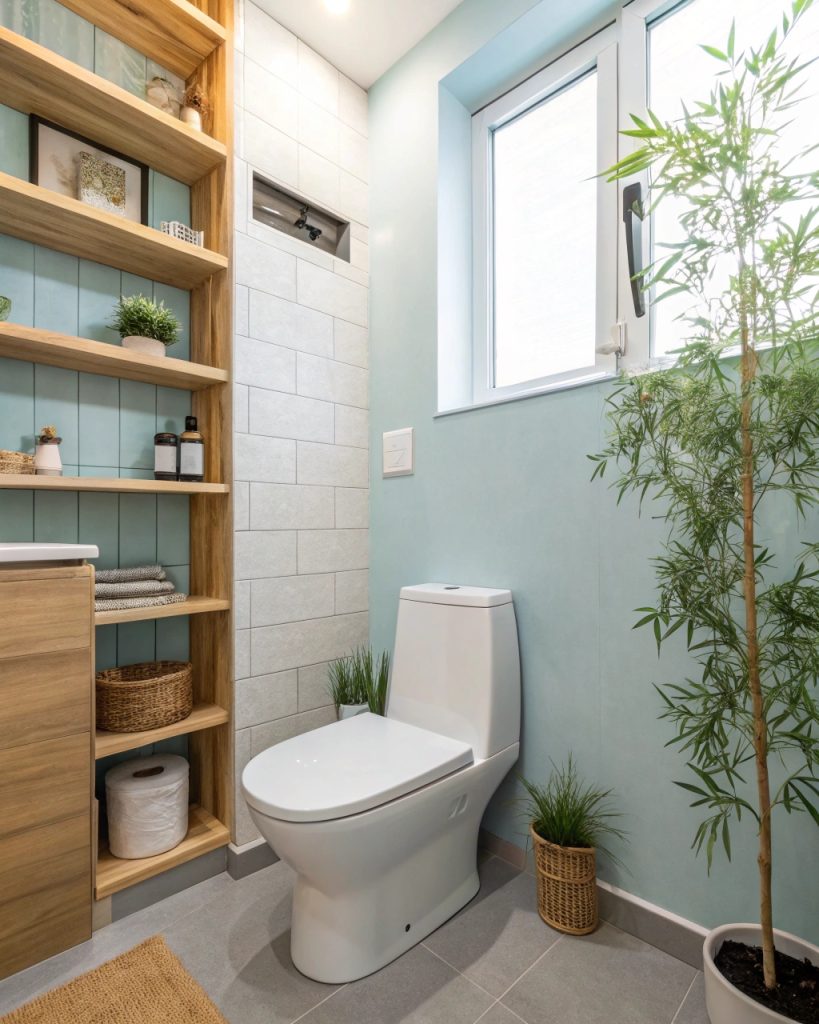 Salle de bain moderne avec des tons pastel et des matériaux naturels, style Feng Shui.