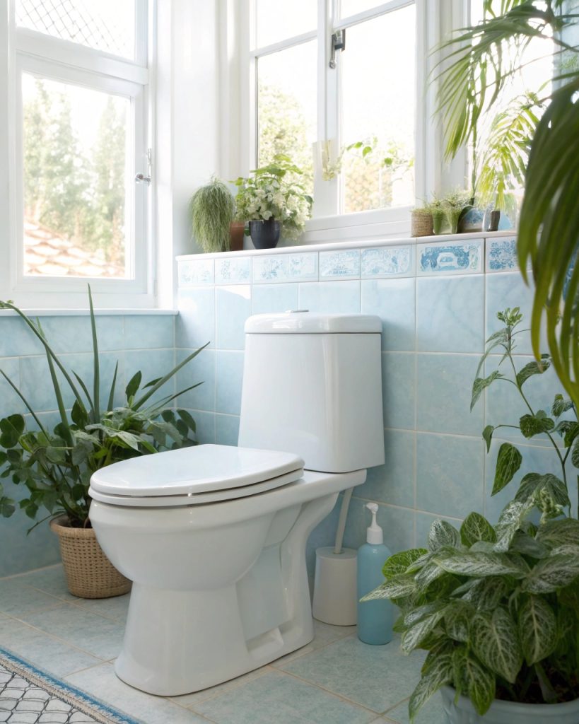 Toilette minimaliste blanche avec des accents bleus et des plantes vertes, style Feng Shui.