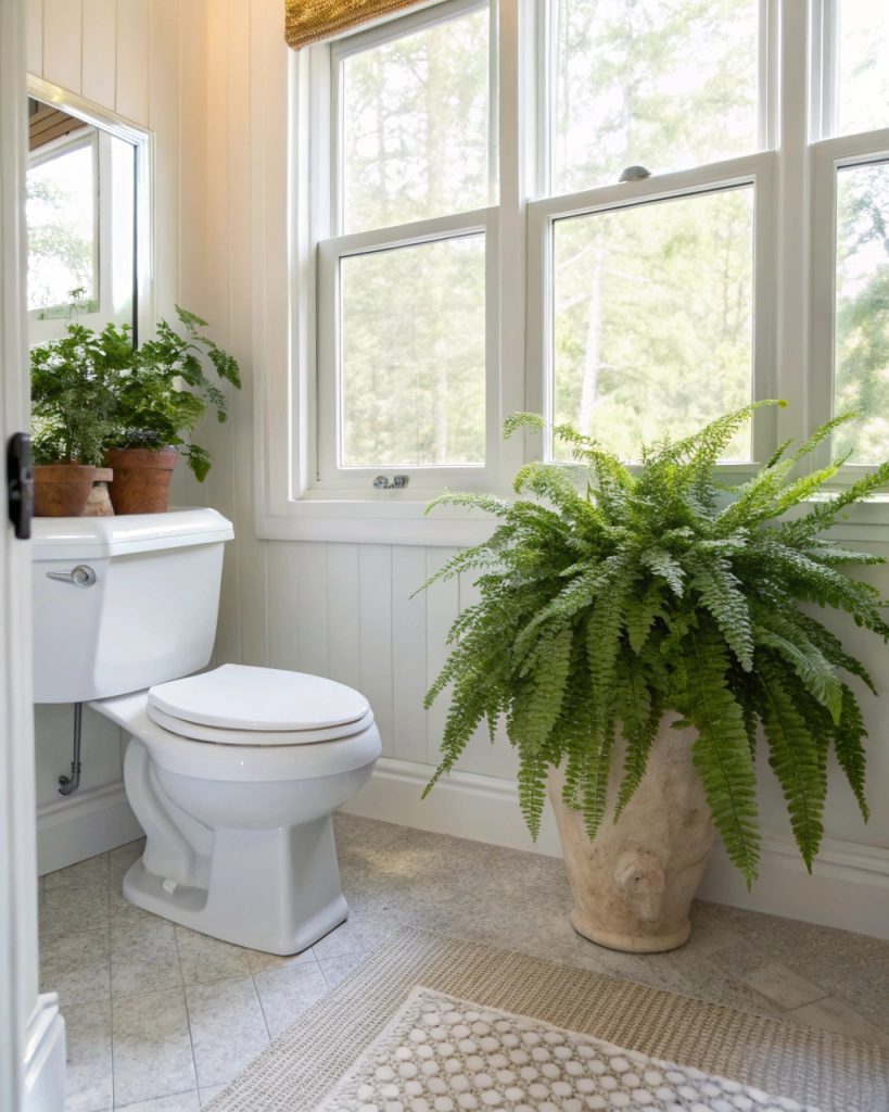Salle de bain lumineuse avec une plante verte et une ventilation naturelle, style Feng Shui.