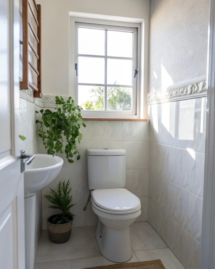 Salle de bain minimaliste avec une plante verte et une toilette blanche, style Feng Shui.