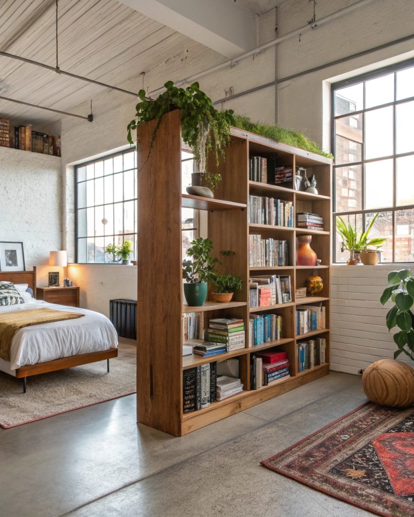 Meuble bibliothèque séparant chambre et salon