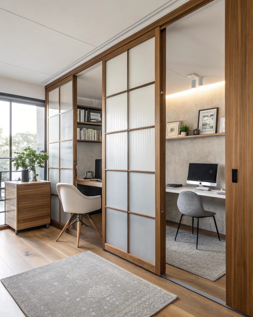 Panneaux coulissants en bois et verre dépoli séparant un bureau