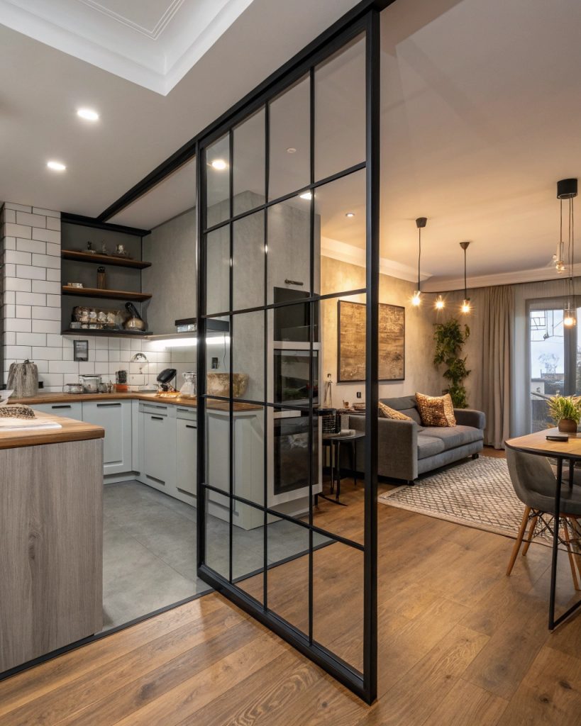 Verrière intérieure noire entre cuisine et salon