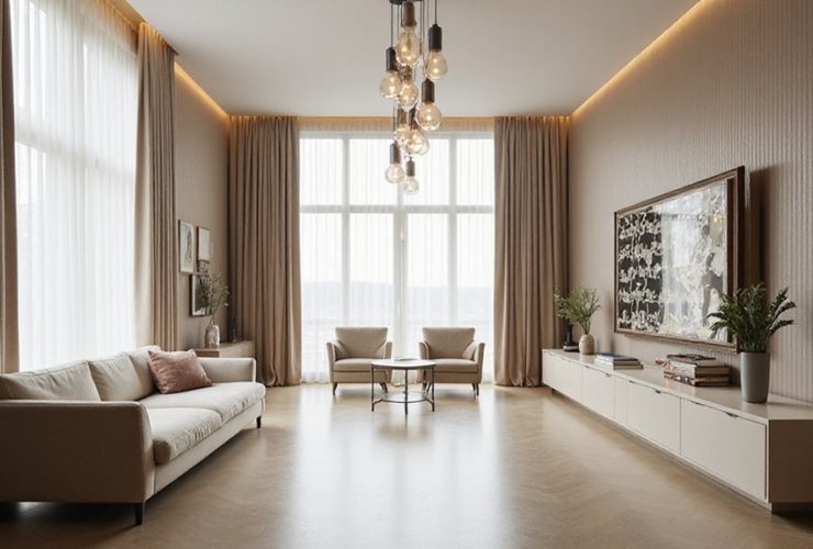 décoration de salon long et étroit