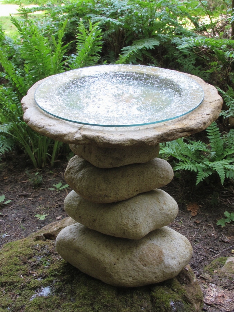 élégant bain d'oiseaux en pierre empilée