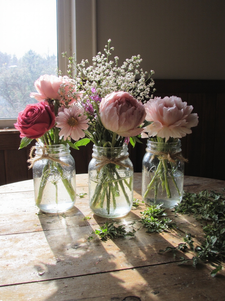 bouquets de fleurs dans des pots Mason