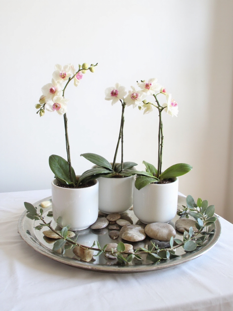 orchidées sur plateau miroir