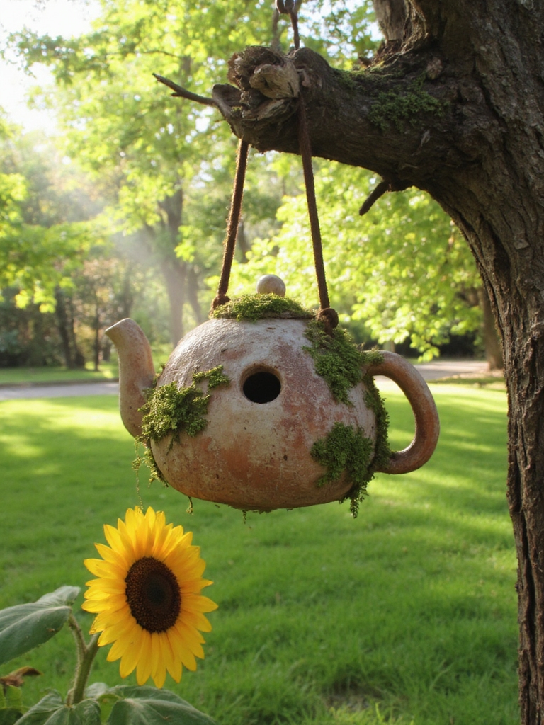 mangeoire à oiseaux en théière recyclée