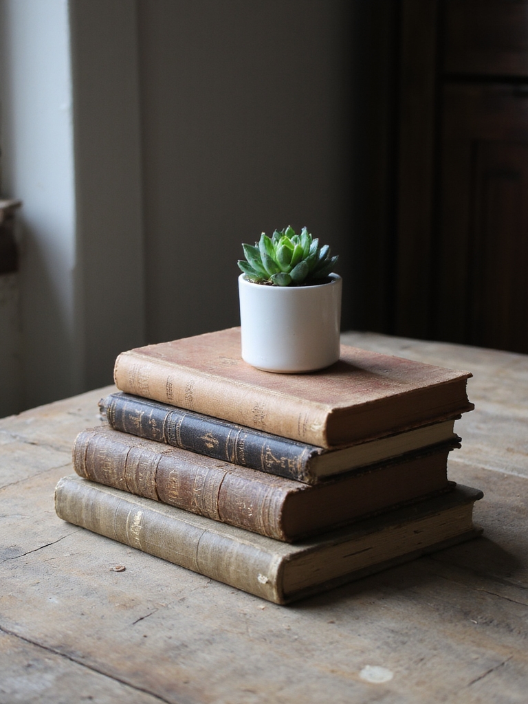 livres empilés avec de la verdure