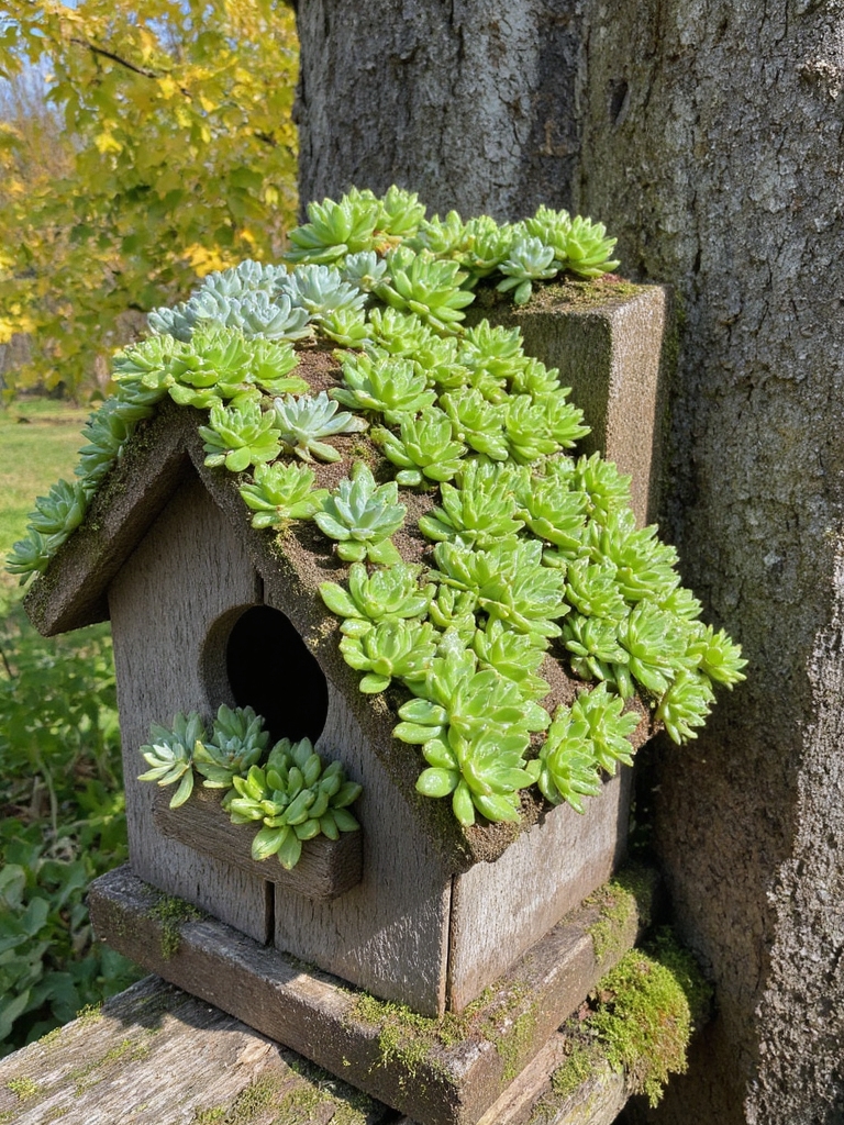maison d'oiseaux succulente avec verdure