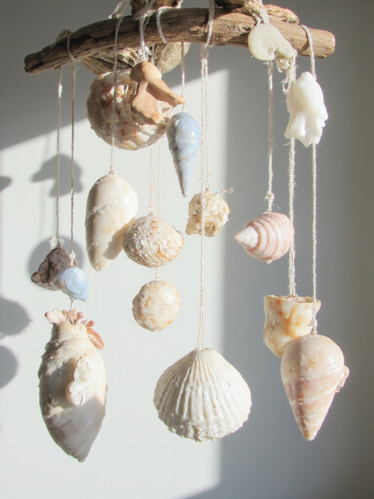 mobile en bois flotté et coquillages
