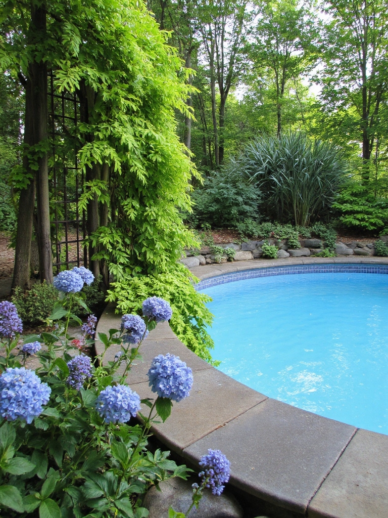 paysage luxuriant autour de la piscine