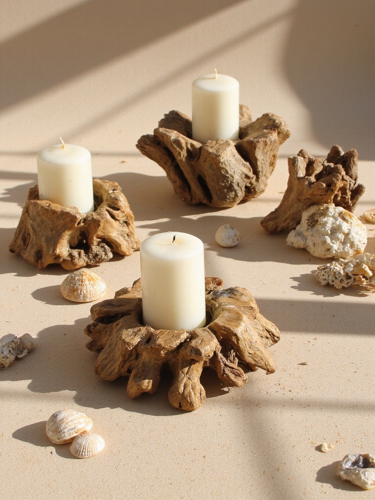 supports de bougie en bois flotté ambiance