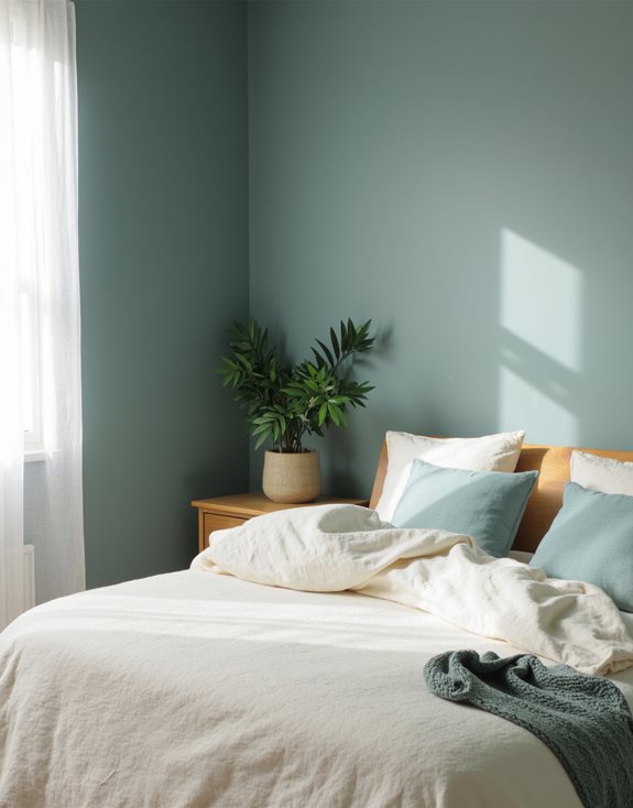 teal confortable et bois naturel