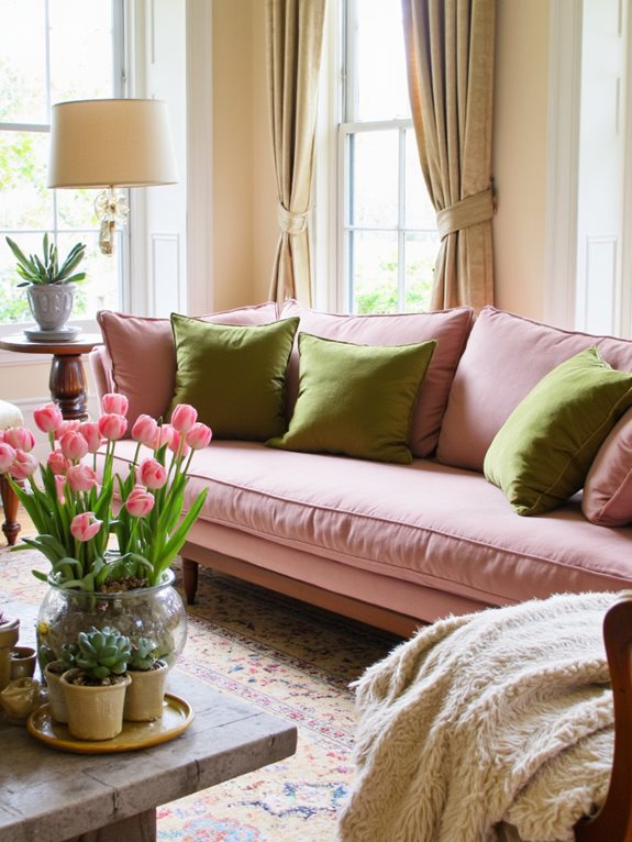 Le vert olive complète le rose