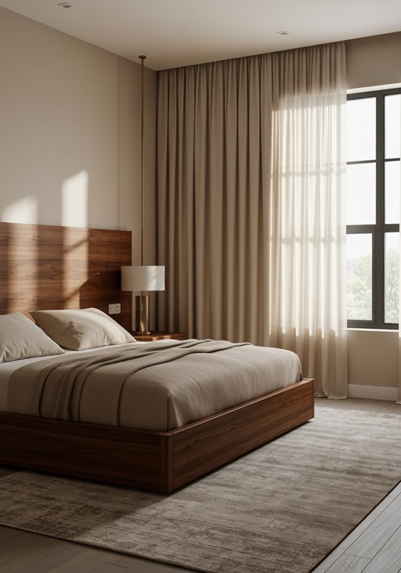 Les rideaux beige mettent en valeur le bois