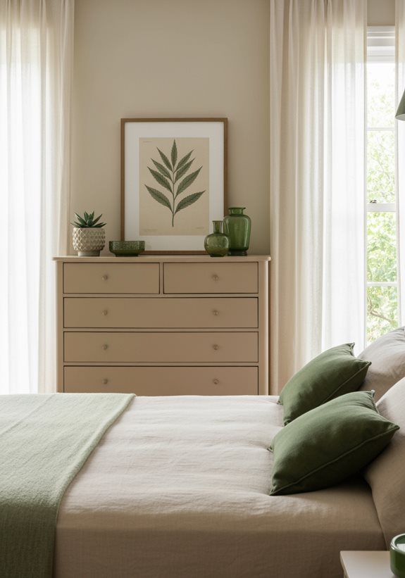 commode beige avec des accents verts