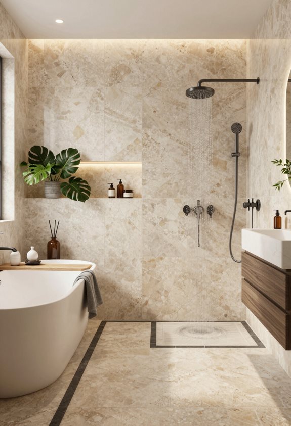 le coulis contrastant met en valeur le travertin