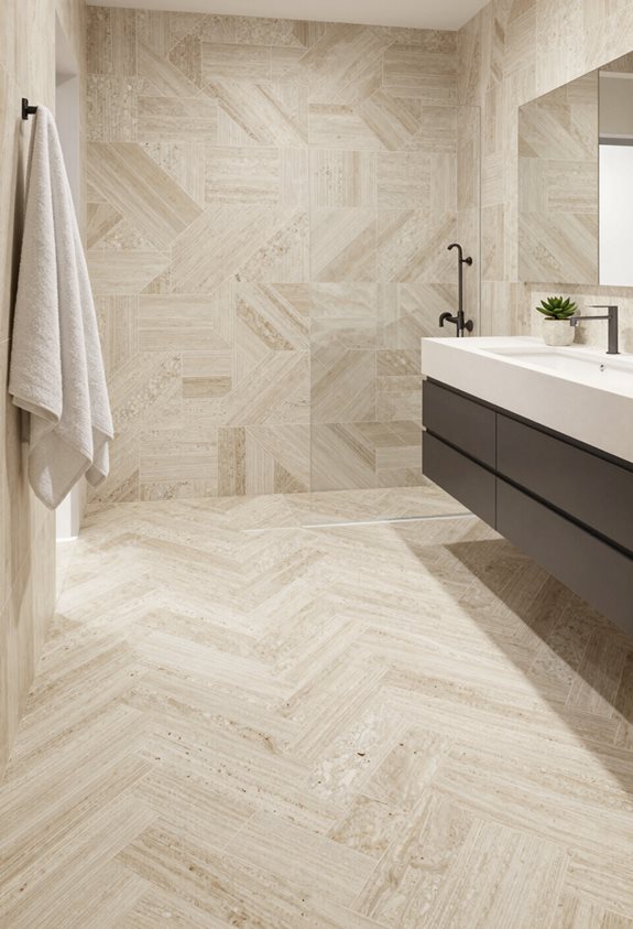 designs de salle de bain en travertin géométrique