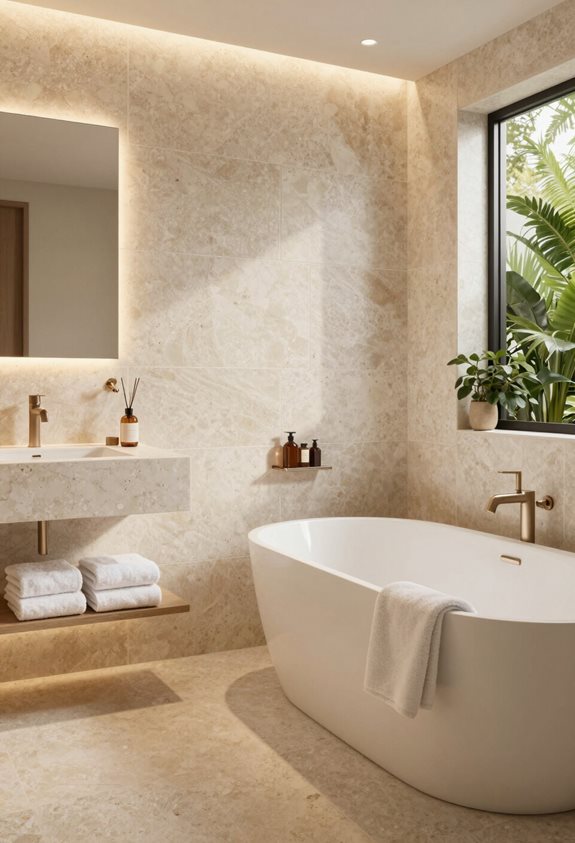 oasis de salle de bain en travertin illuminé