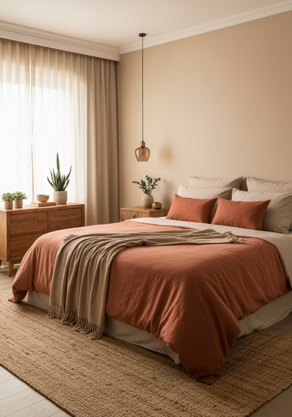 literie neutre avec des accents en terre cuite