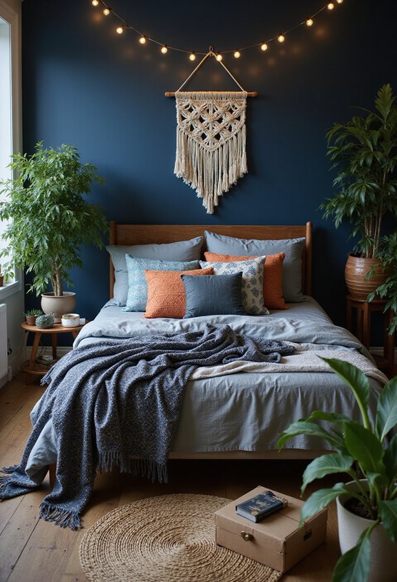décor de chambre bohème bleu foncé